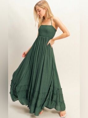 288. Smocked Bodice Halter Maxi Dress in Hunter Green